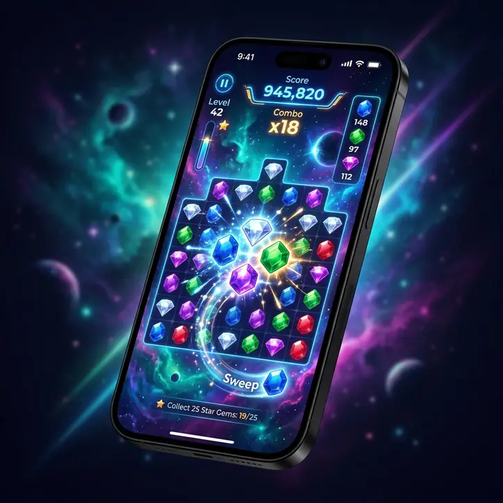 Sweep Merge app running on iPhone showing cosmic jewel puzzle game